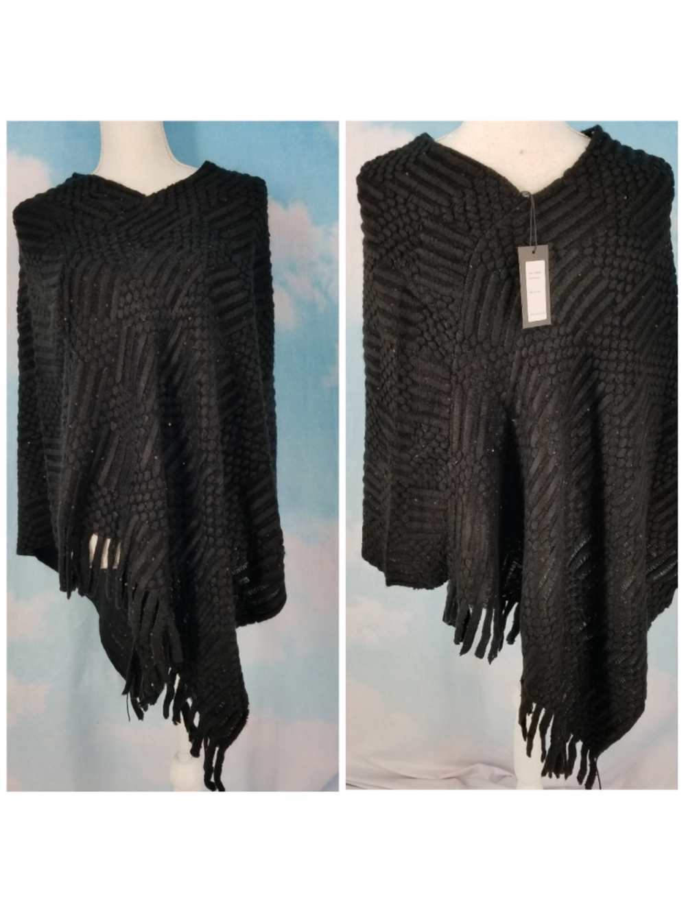 Vertigo Black Sequin Poncho NWT Fringe Asymmetrical Knit One Size Shimmer Wrap